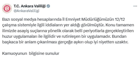 Ankara Valiliği’nden İl Emniyet Müdürlüğü’nün çalışma sistemiyle ilgili açıklama