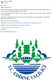 Edirne Valiliği’nden sahte sosyal medya hesabı uyarısı