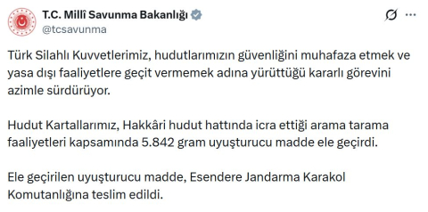 MSB: Hakkari'de 5 kilo 842 gram uyuşturucu ele geçirildi