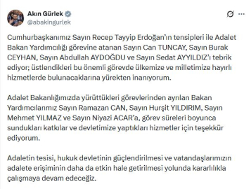 Bakan Gürlek, Adalet Bakanlığı Bakan Yardımcılığına atananları tebrik etti
