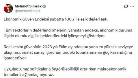 Bakan Şimşek: Ekonomik güven endeksi şubatta 100,7 ile eşik değeri aştı