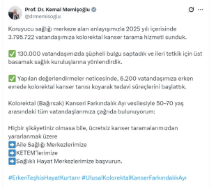 Bakan Memişoğlu: 2025'te 3 milyon 795 bin 722 vatandaşımıza kolorektal kanser tarama hizmeti sunduk