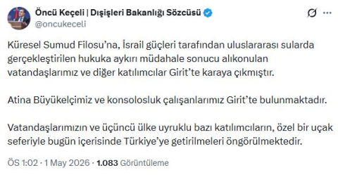 Dışişleri Bakanlığı: Sumud Filosu'nda alıkonulan vatandaşlarımız bugün yurda getirilecek
